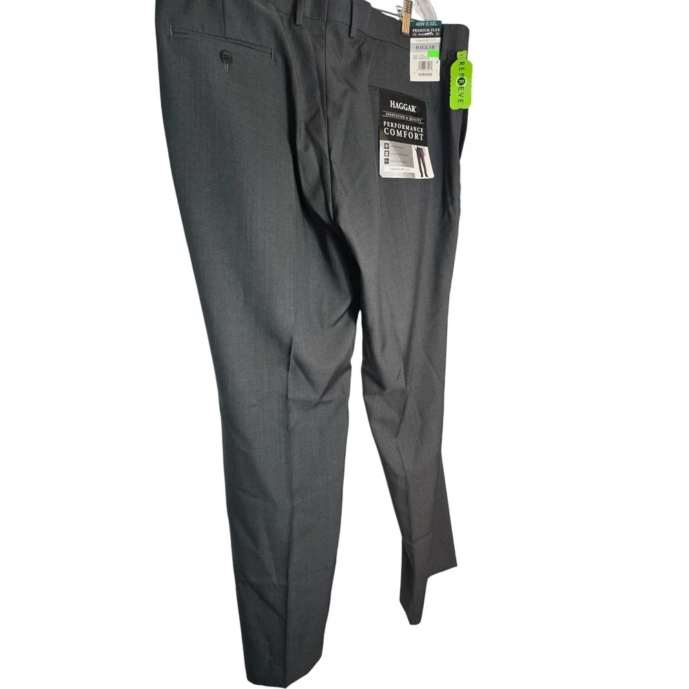 Haggar Men 40x32 Premium Flex Straight Fit Dress Pants Dark Grey Stretch HD70000